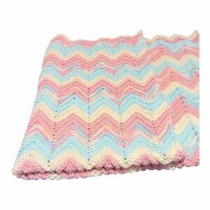 Vintage Handmade Chevron Striped Afghan Throw Blanket Blue Pink Cream 46”x38”